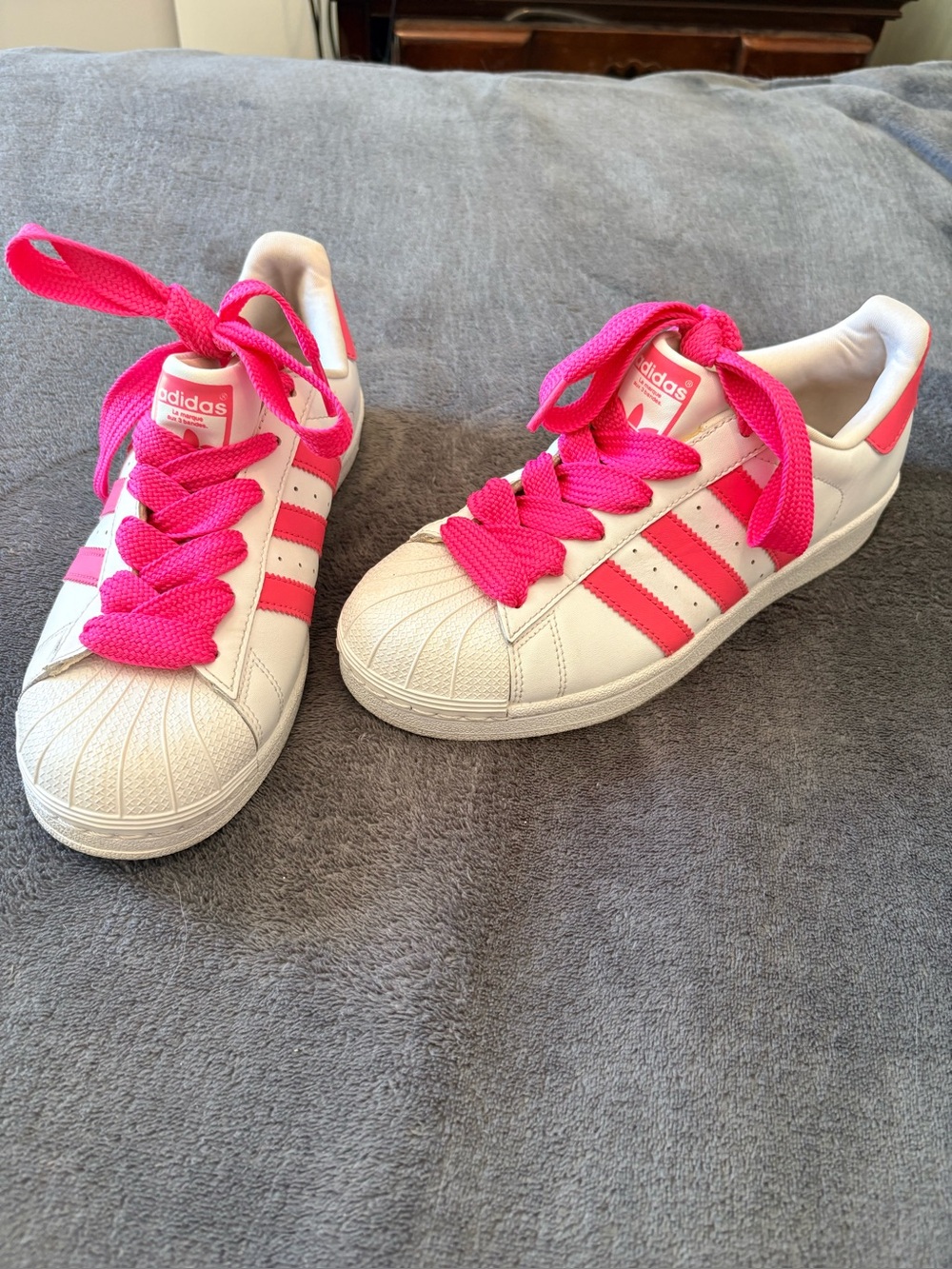 Adidas Originals Superstar Fat Lace White Real Pink CG6608 Sz 6.5Y / Women 7.5